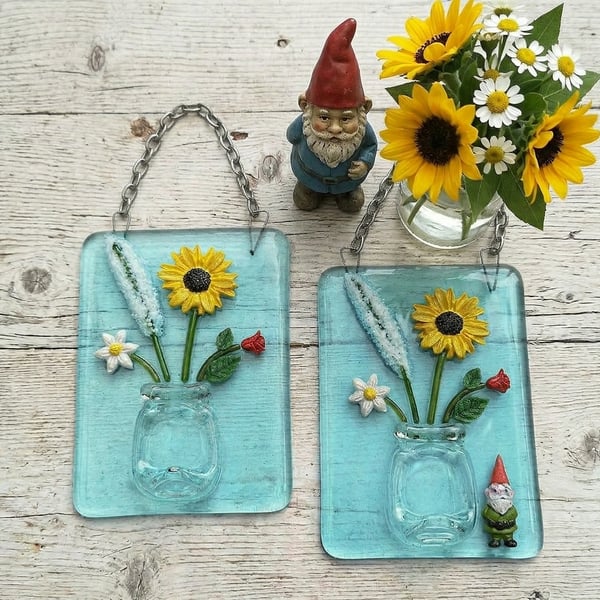 Handmade 3D Fused Glass Flowers In Vase Hanging Picture - Suncatcher - Gnome