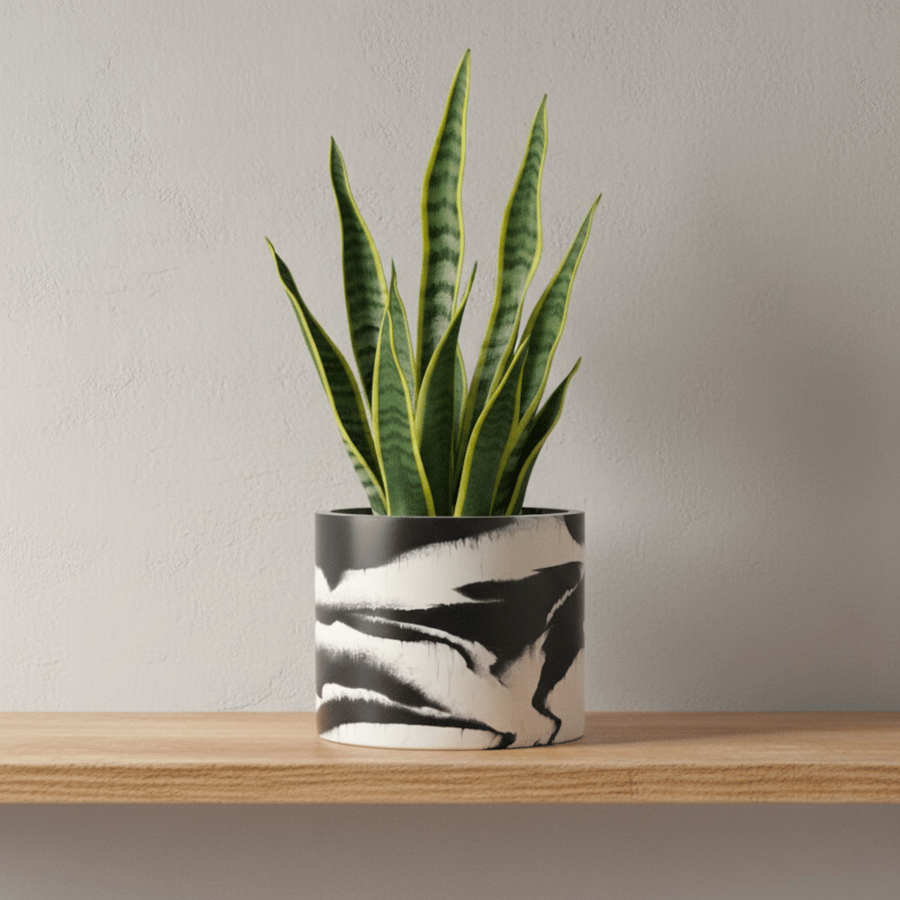 Black and White 15cm Marbled Round Plant Pot  - Large Monochrome Planter 