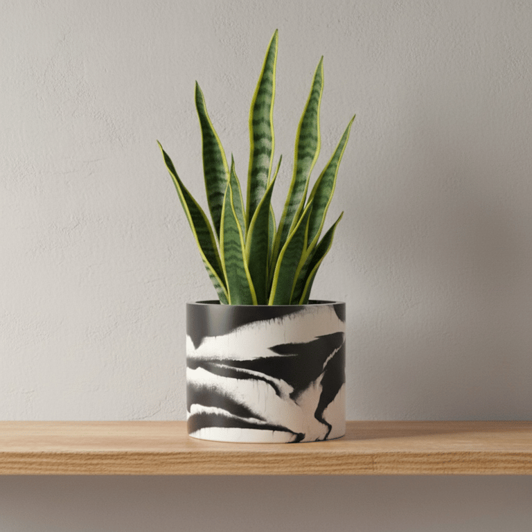 Black and White 15cm Marbled Round Plant Pot  - Large Monochrome Planter 