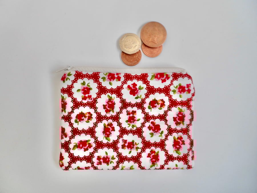 Coin purse red floral fabric perfectly imperfect