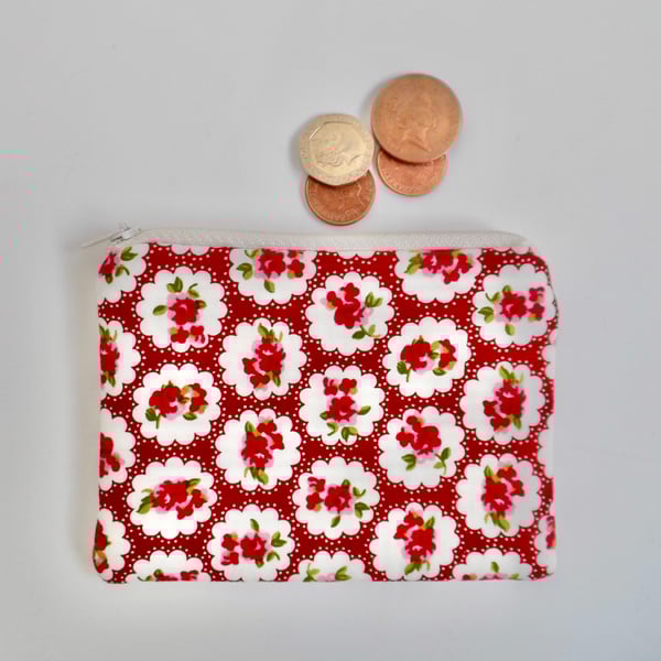Coin purse red floral fabric perfectly imperfect
