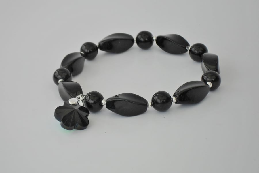 Black onyx bracelet, with black AB crystal star charm