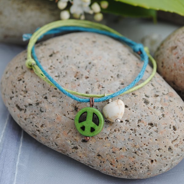 Friendship Bracelets-TWO turquoise & lime peace set
