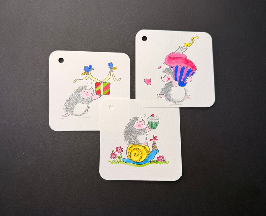 Hand watercoloured gift tags from Penny Black stamps - hedgehogs