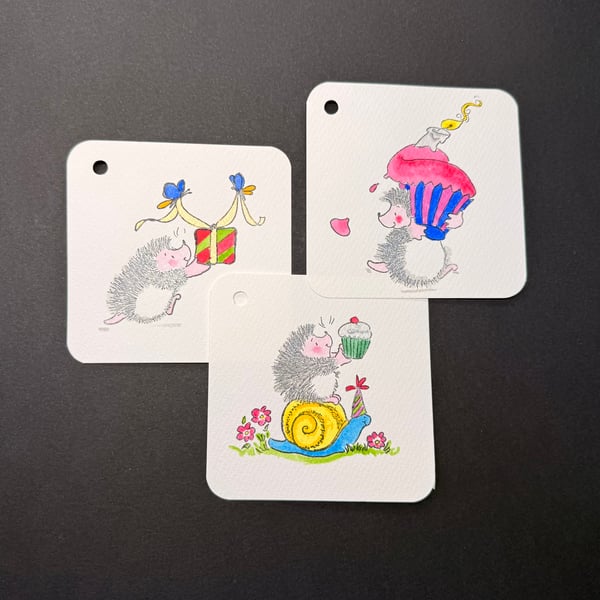 Hand watercoloured gift tags from Penny Black stamps - hedgehogs