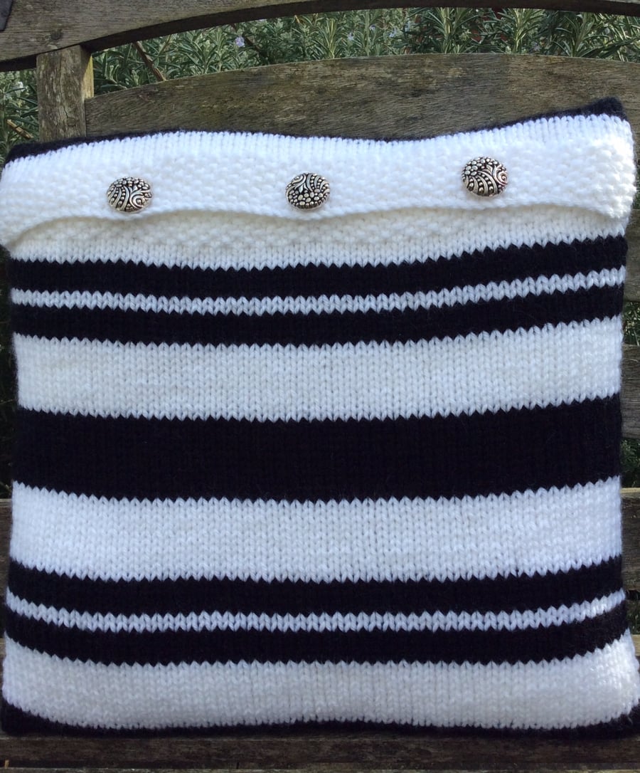 Hand knitted black and white stripe cushion cover