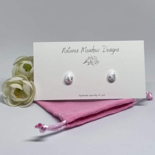 White and Silver Foil Mini Teardrop Stud Earrings