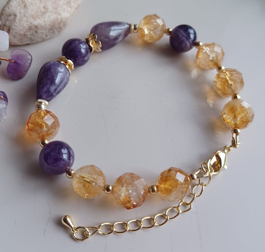 Amethyst and citrine gemstone beaded bracelet with adjustable chain