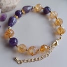 Amethyst and citrine gemstone beaded bracelet with adjustable chain