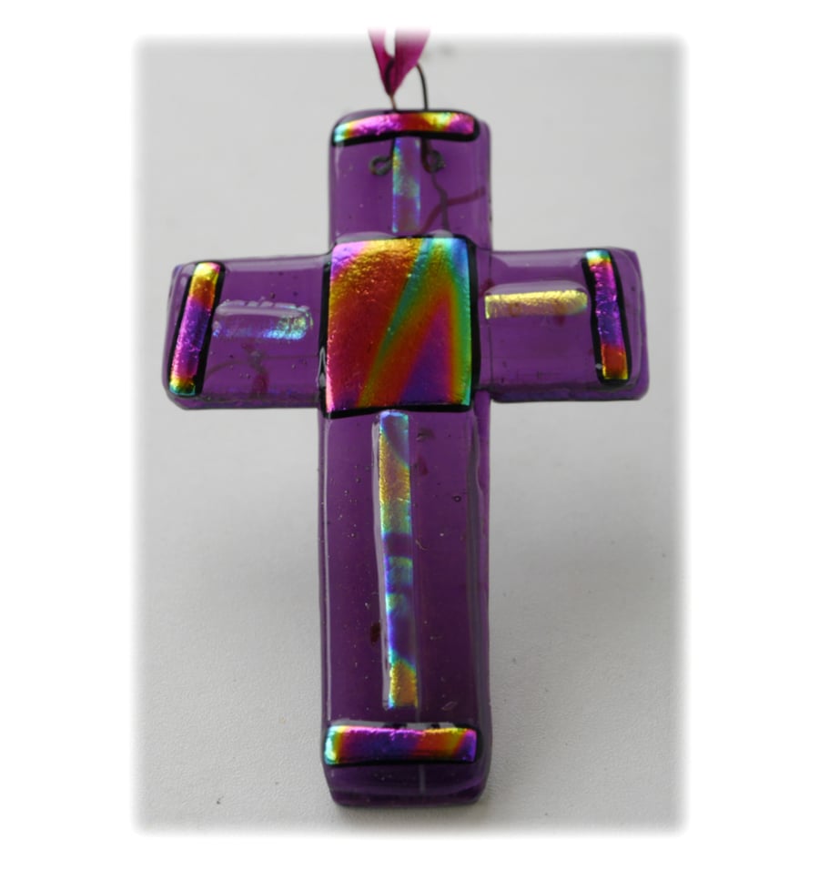 SOLD  Purple Fused Glass Cross Dichroic Suncatcher 009 10cm 