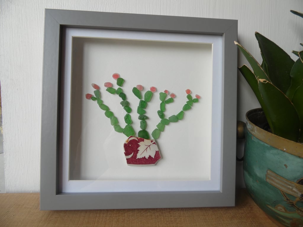 Sea Glass Succulent with Red Flowers in Red Leaf Beach Pottery Plant Pot P075