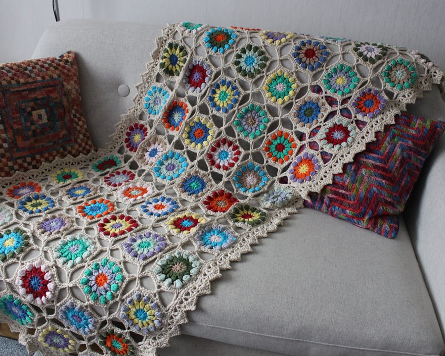 Crochet cotton throw blanket in ecru and multi-colours - one-of-a-kind