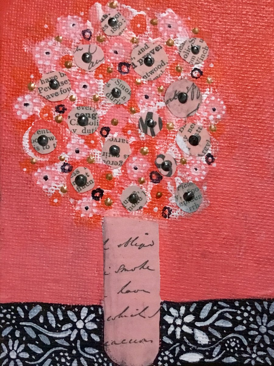 Miniature Vase of Flowers, acrylic and collage painting