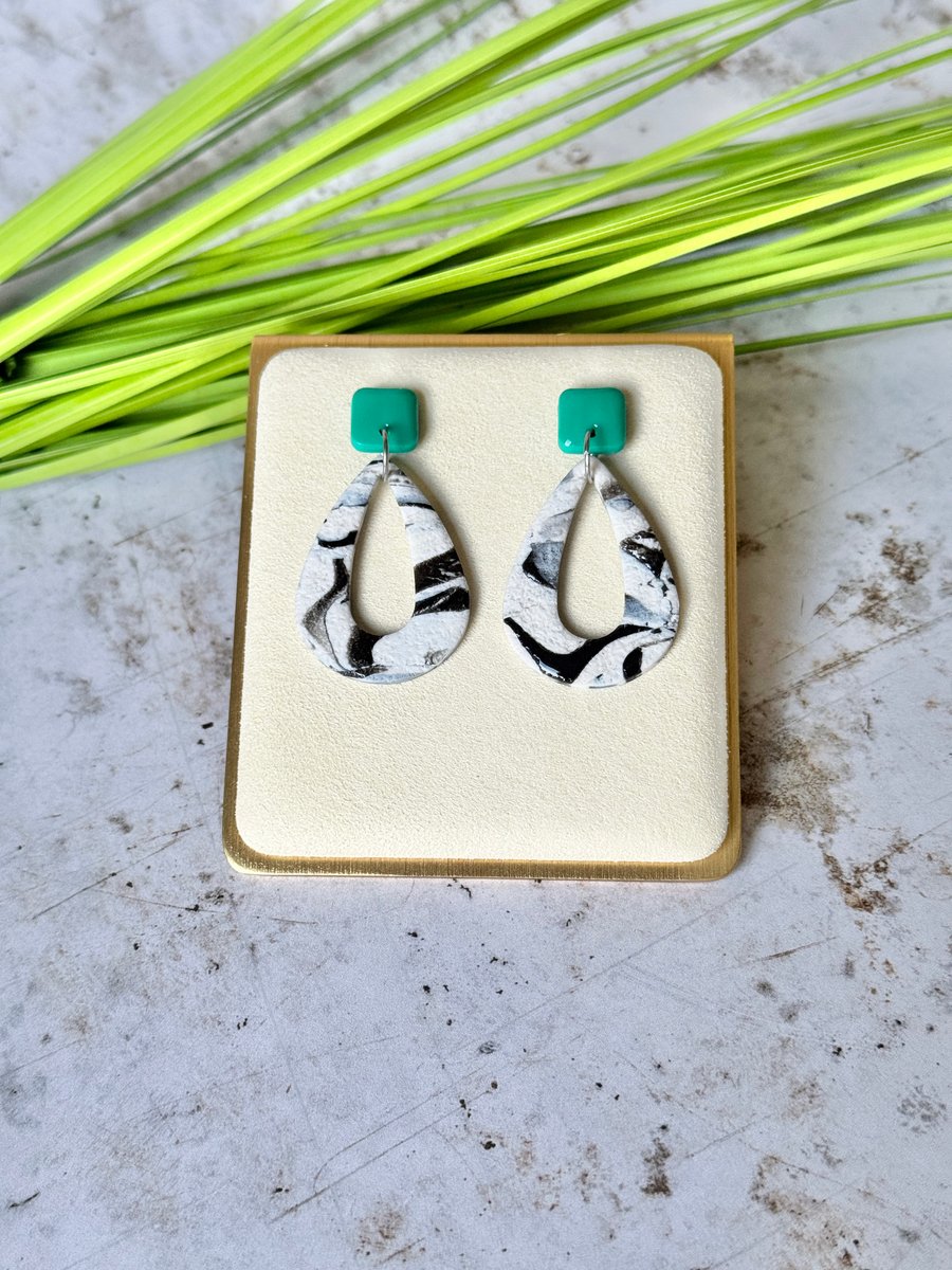 Colour & Monochrome - Turquoise Green Square and Hollow Teardrop Earrings