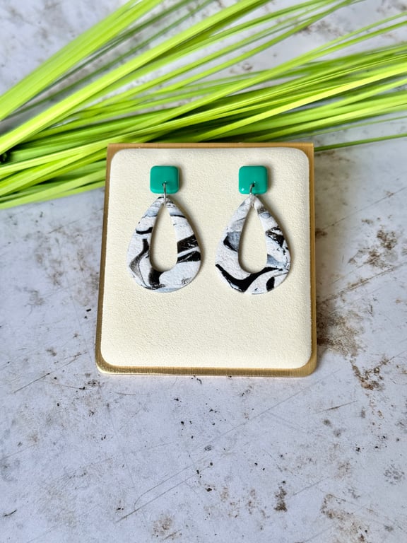 Colour & Monochrome - Turquoise Green Square and Hollow Teardrop Earrings