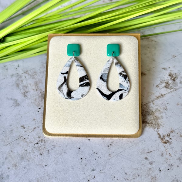 Colour & Monochrome - Turquoise Green Square and Hollow Teardrop Earrings