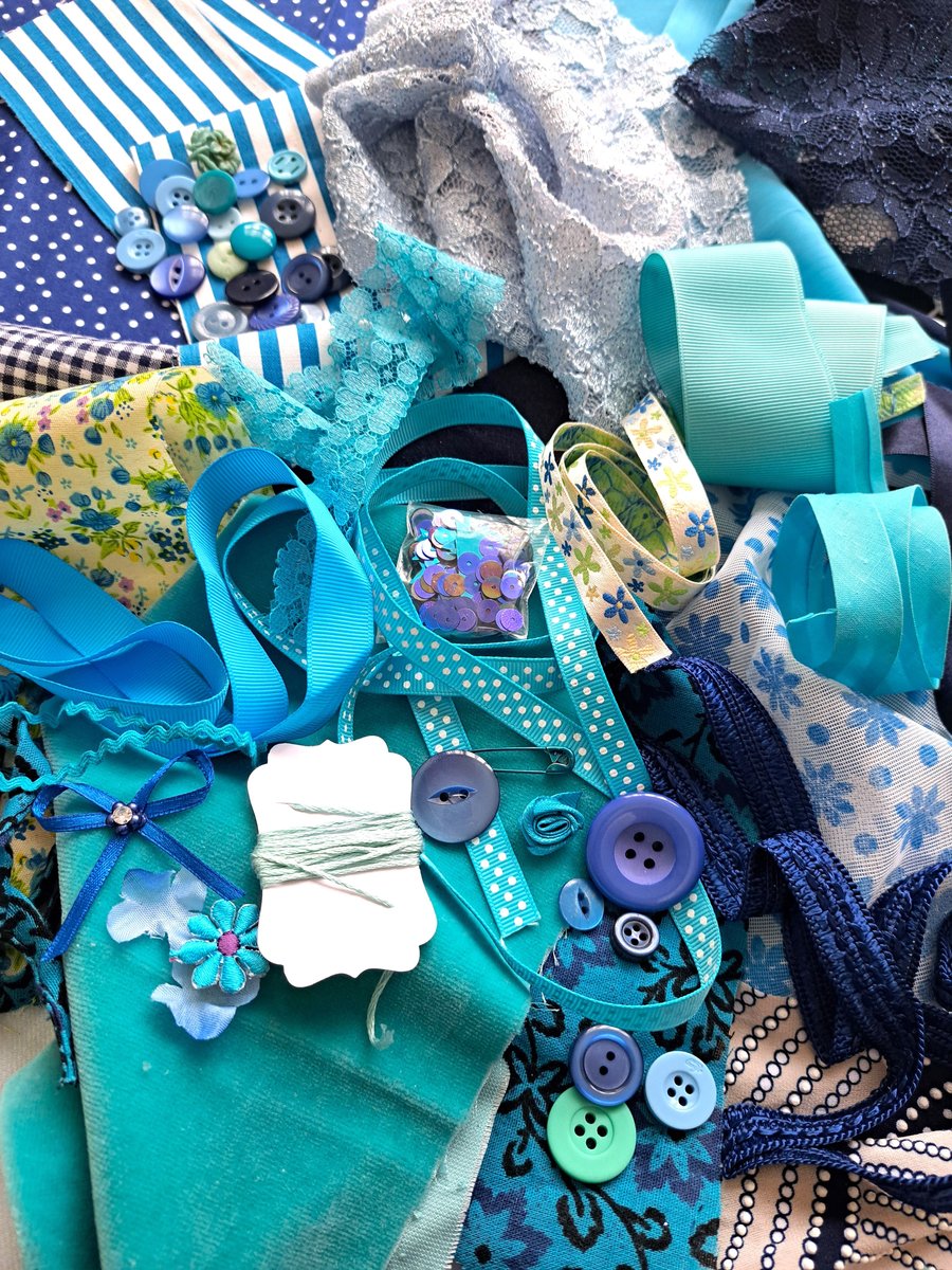 Slow stitching kit - blue theme. Fabric remnants, fabric bundle