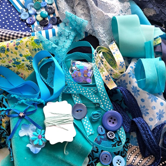 Slow stitching kit - blue theme. Fabric remnants, fabric bundle