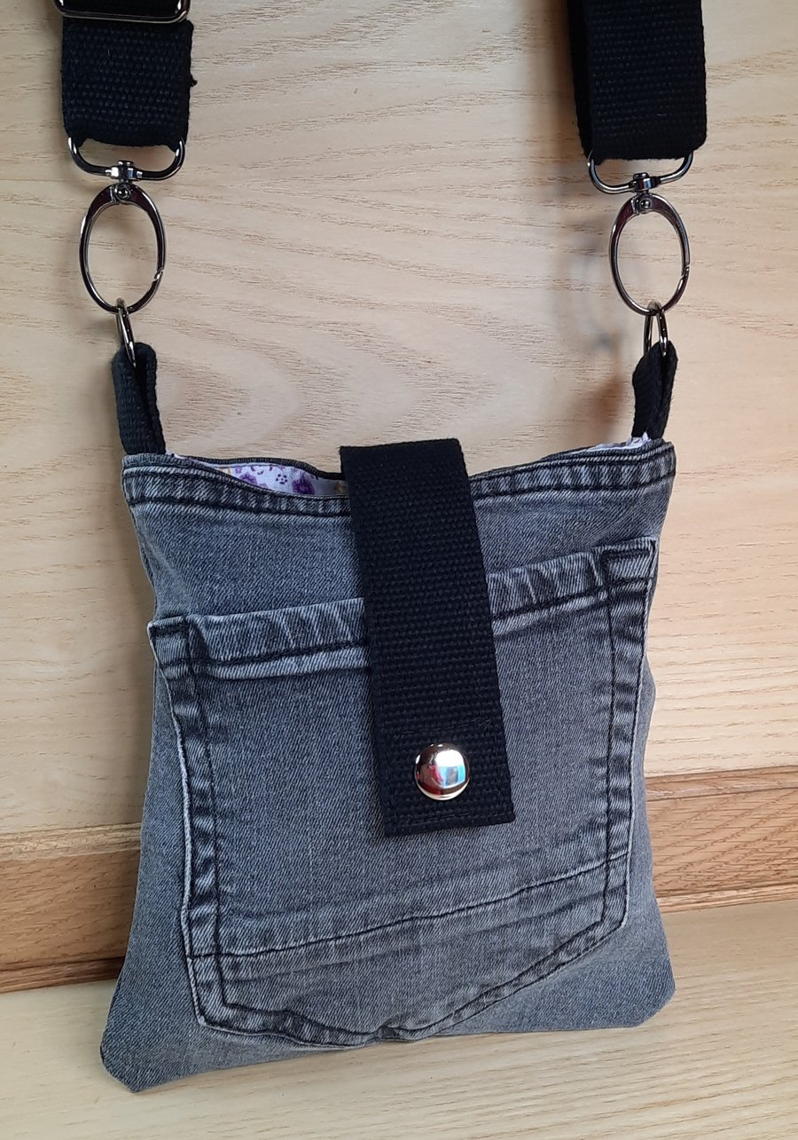 Grey Denim Cross Body Bag With Floral Cotton Lining