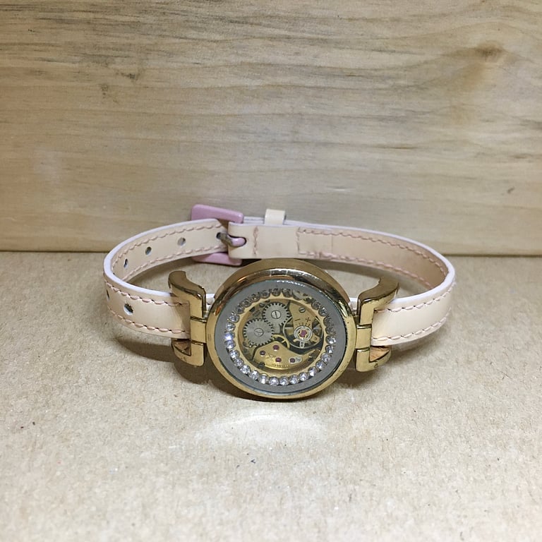 Upcycled Watch Movement Match With A Pale Pink Faux Leather Handmade Bracelet