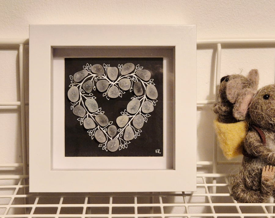 Beautiful seaham sea glass heart in white 12cmx12cm box frame 