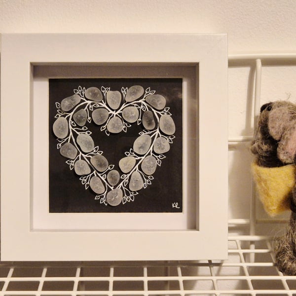 Beautiful seaham sea glass heart in white 12cmx12cm box frame 