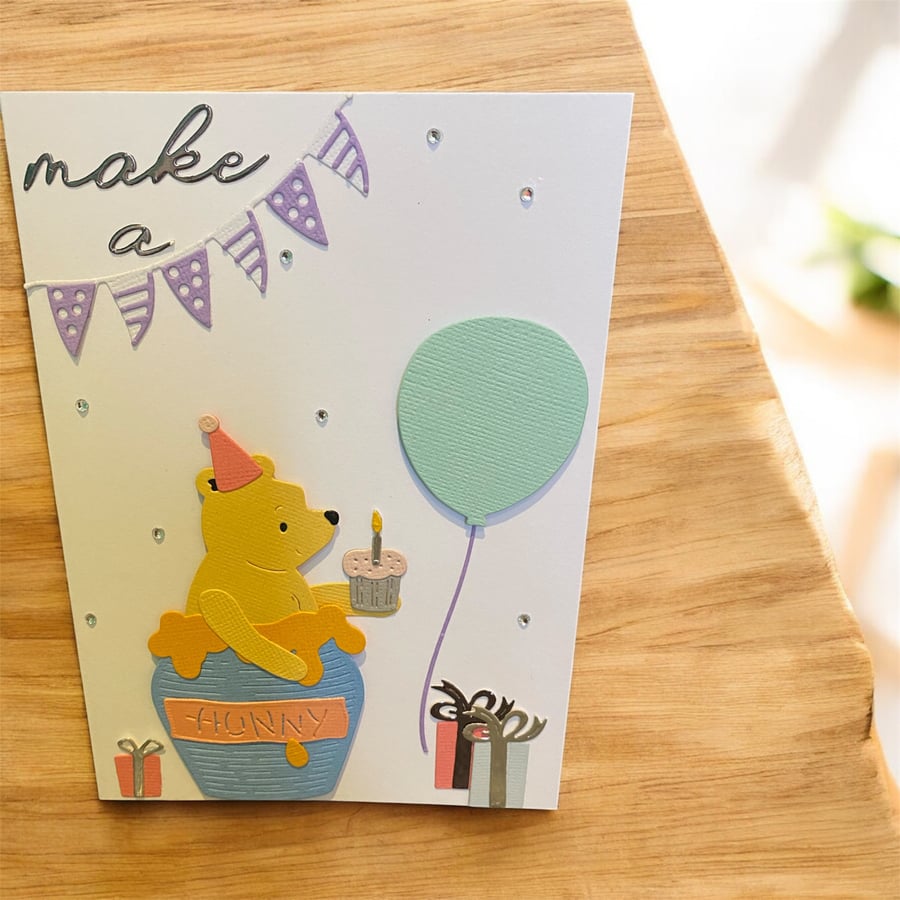 Handmade Birthday Card – Bear in Hunny Pot with Cupcake & Presents
