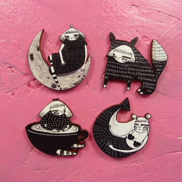 Wood Brooches- black and white