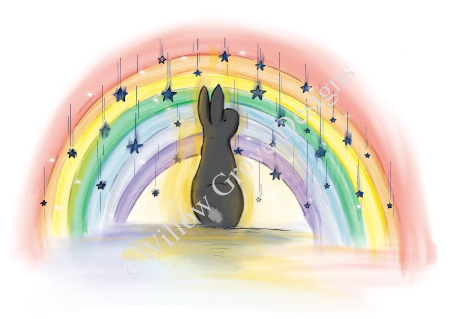 ‘Fallen star’ rainbow bridge bunny art print 