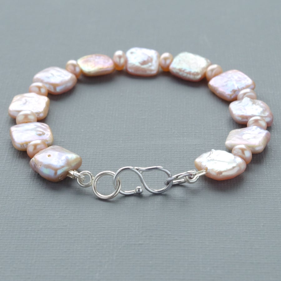 Natural Peach Coloured Freshwater Square Pearl Bracelet Sterling Silver Clasp 