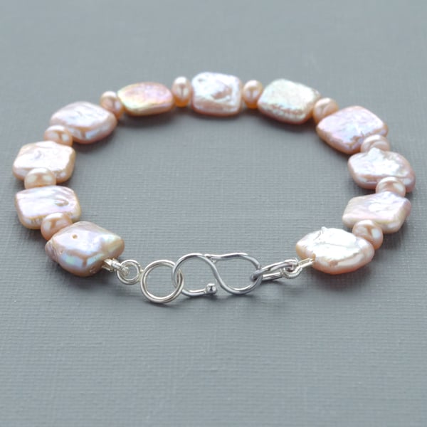 Natural Peach Coloured Freshwater Square Pearl Bracelet Sterling Silver Clasp 