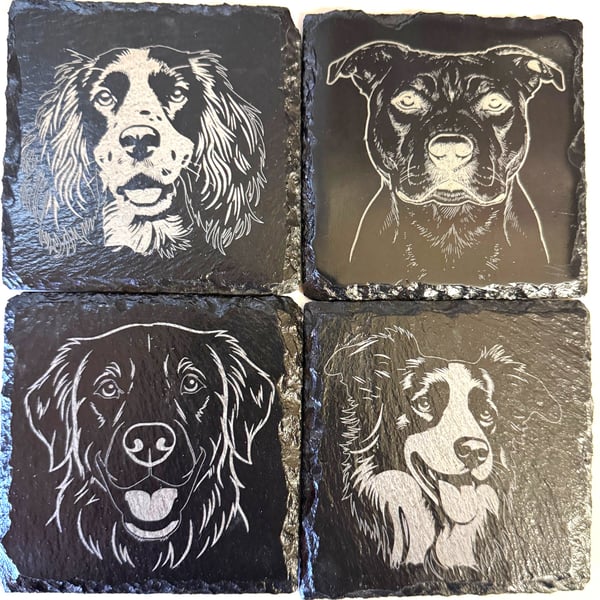 Dog Engraved Slate Coasters Set (4 Pack) - 100mm x 100mm Natural Stone Coasters