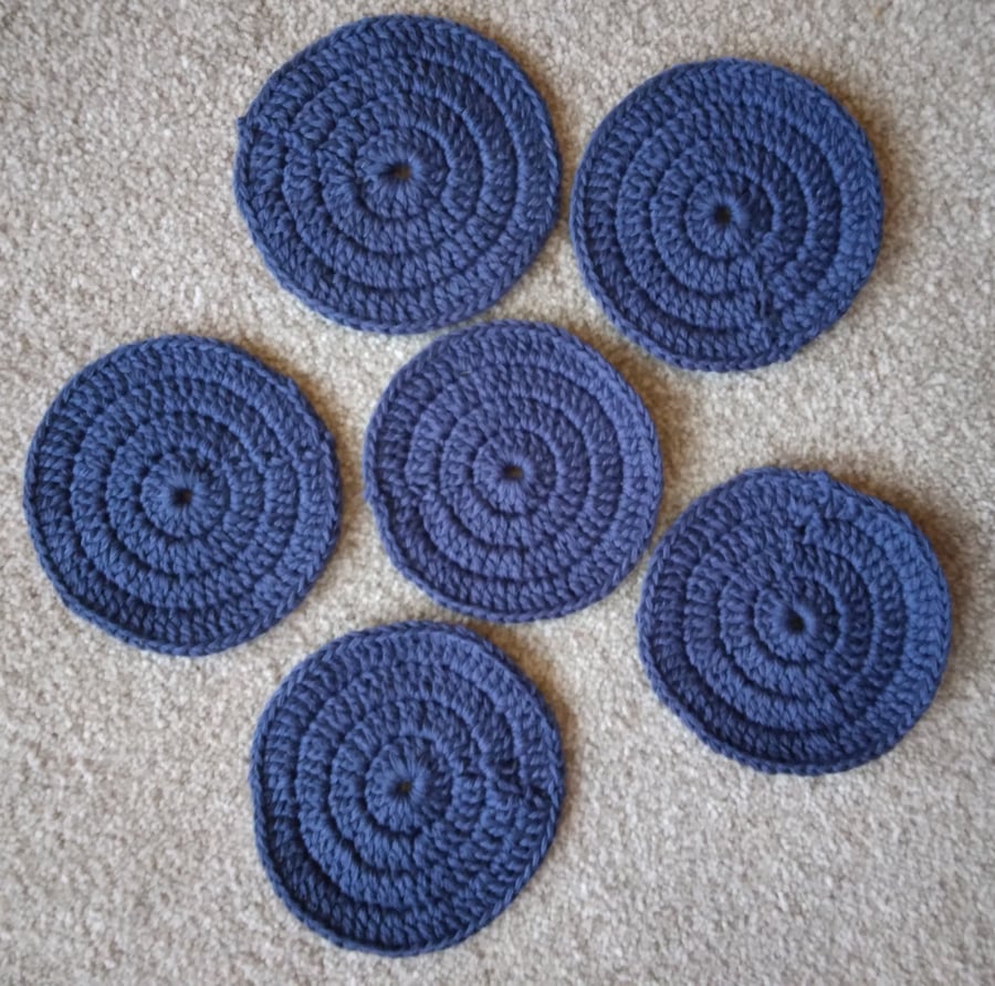 Crochet Coasters, set of 6, machine washable cotton, diameter 4 ins (10 Cm)