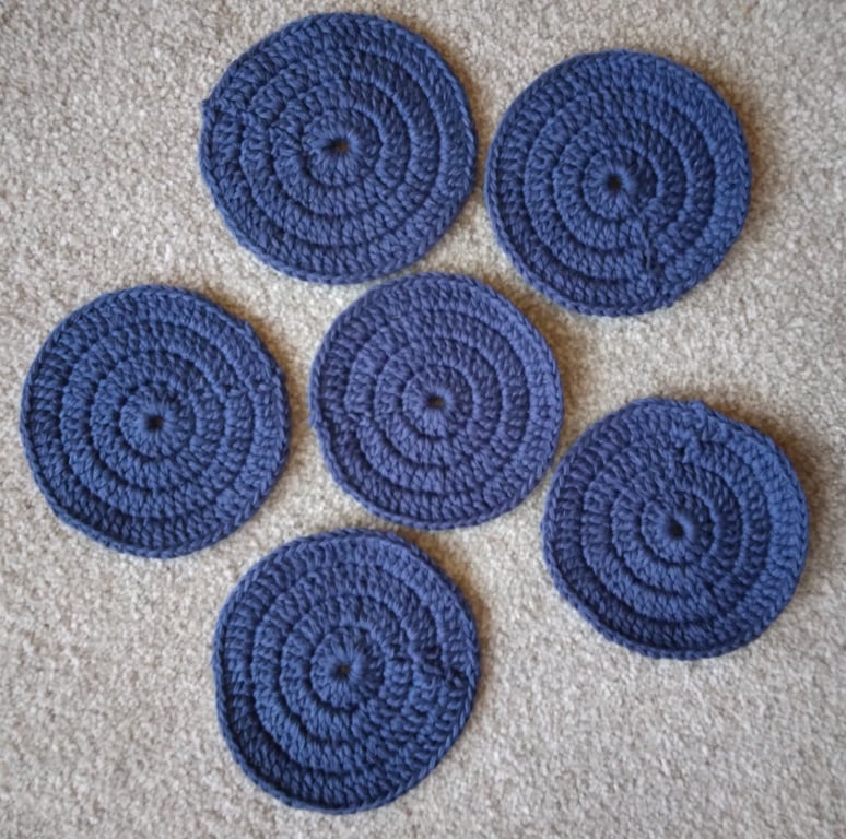 Crochet Coasters, set of 6, machine washable cotton, diameter 4 ins (10 Cm)