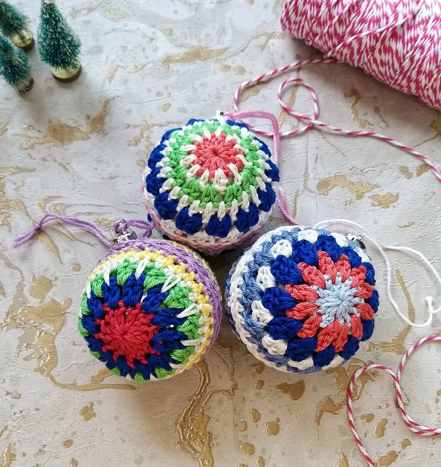 Crochet Christmas Tree Decorations  Set of 3 Baubles 