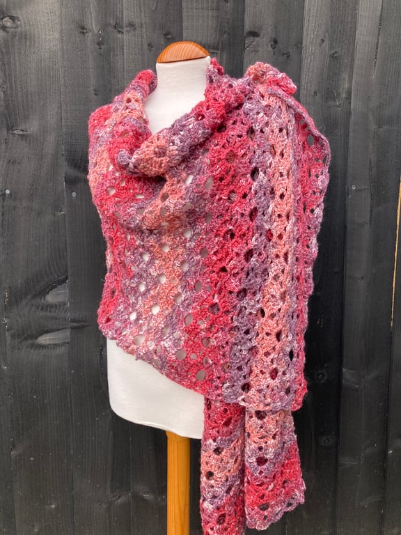 Frothy Waves Red Berries Chevron Lace Rectangular Handmade Shawl Wrap Scarf