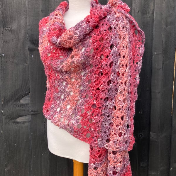 Frothy Waves Red Berries Chevron Lace Rectangular Handmade Shawl Wrap Scarf