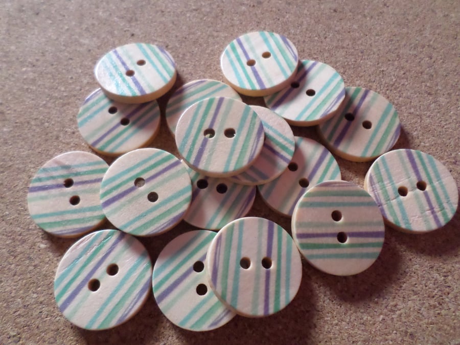 10 x 2-Hole Printed Wooden Buttons - 25mm - Striped - Green & Purple 