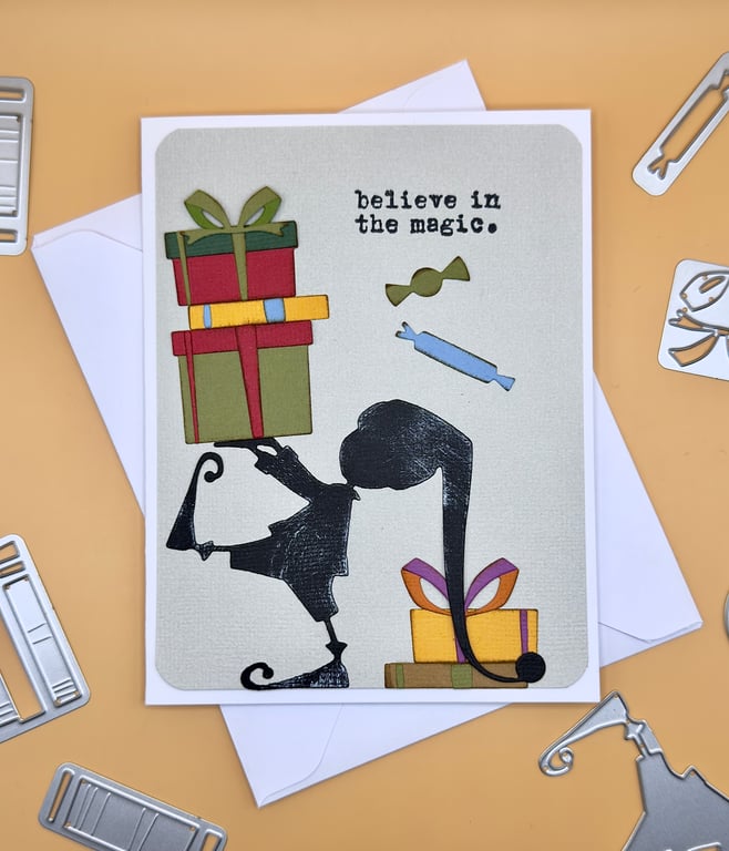 Handmade Christmas Card, Elf with Presents, “believe in the magic.” Festive