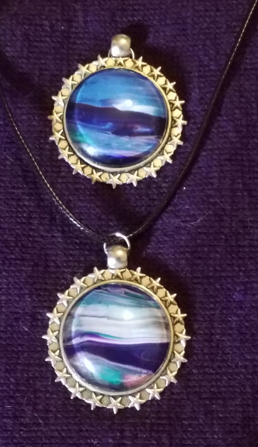 2 for 1 handmade fluid art seascape pendants, blue  white, purple and green.
