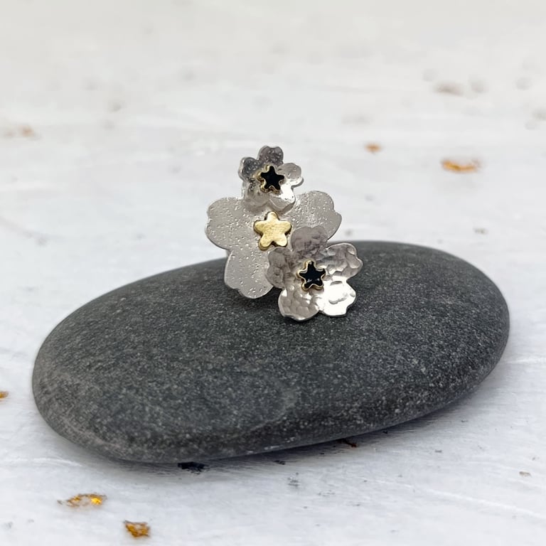 Sterling silver and brass flowers lapel pin – handmade floral brooch 