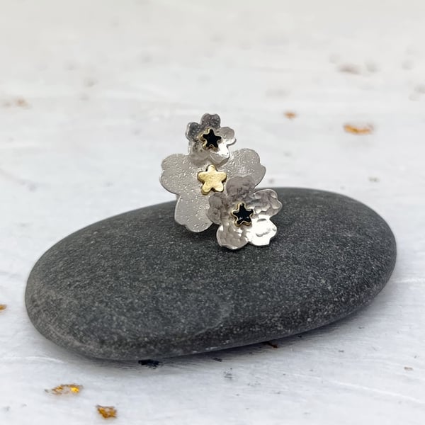 Sterling silver and brass flowers lapel pin – handmade floral brooch 
