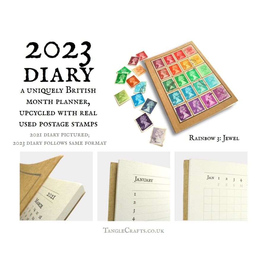 2023 Diary, Rainbow of British Stamps - A6, kraft, month to view - New Year Gift