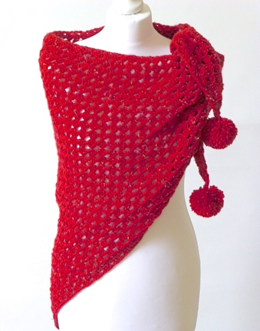 Crochet triangle shawl, red shawl, chunky wool wrap, crochet wrap, red scarf