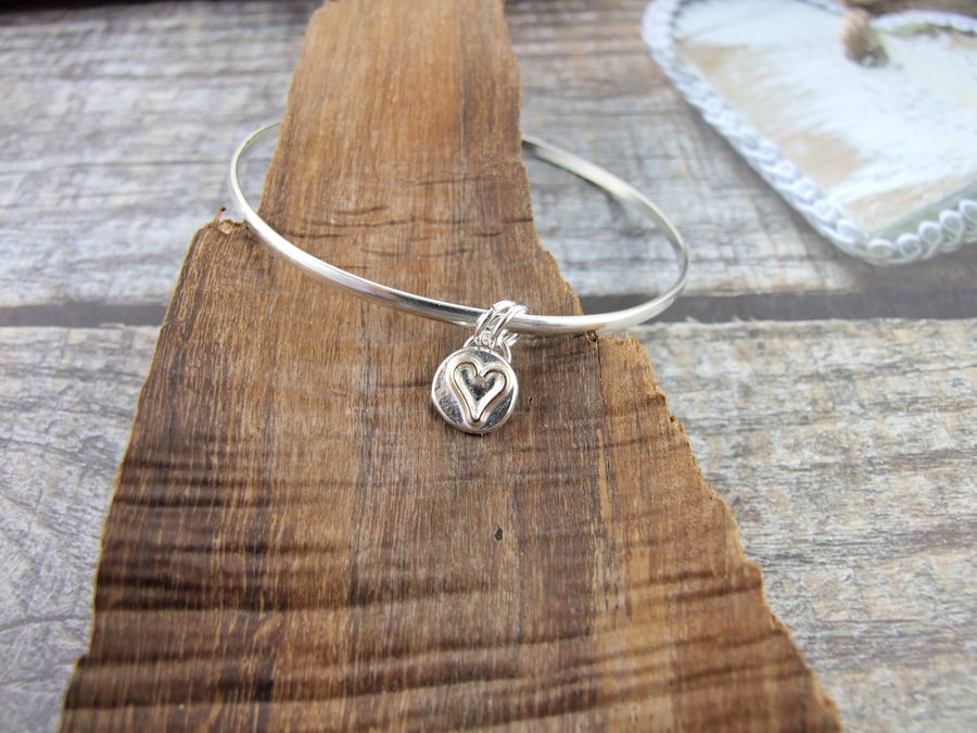 Sterling Silver Heart Charm Bangle with Gold Accents