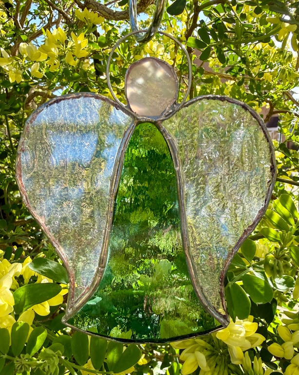 Stained Glass Bell Angel Decoration - Mid-green glow with iridised clear wings