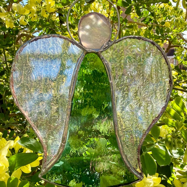 Stained Glass Bell Angel Decoration - Mid-green glow with iridised clear wings