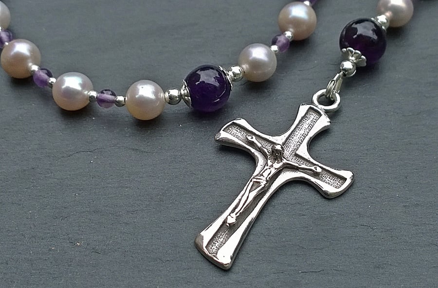 Pearl, Amethyst and 925 Solid Silver Catholic Dominican Five Decade Rosary