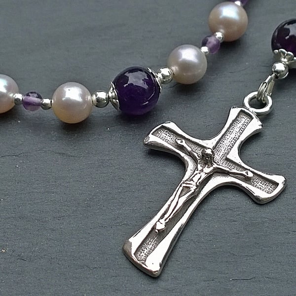 Pearl, Amethyst and 925 Solid Silver Catholic Dominican Five Decade Rosary