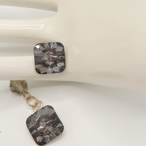 Cuff Links Made With Silver Night Square Crystal Elements Buttons, Gift for Him